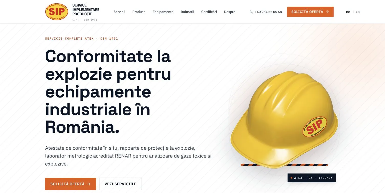 The S.I.P. website homepage: Romanian-language navigation for services, products, equipment, industries, certifications and company information, a headline on explosion-protection compliance for industrial equipment, a summary of on-site conformity certificates and an accredited metrology laboratory, and request-a-quote actions.